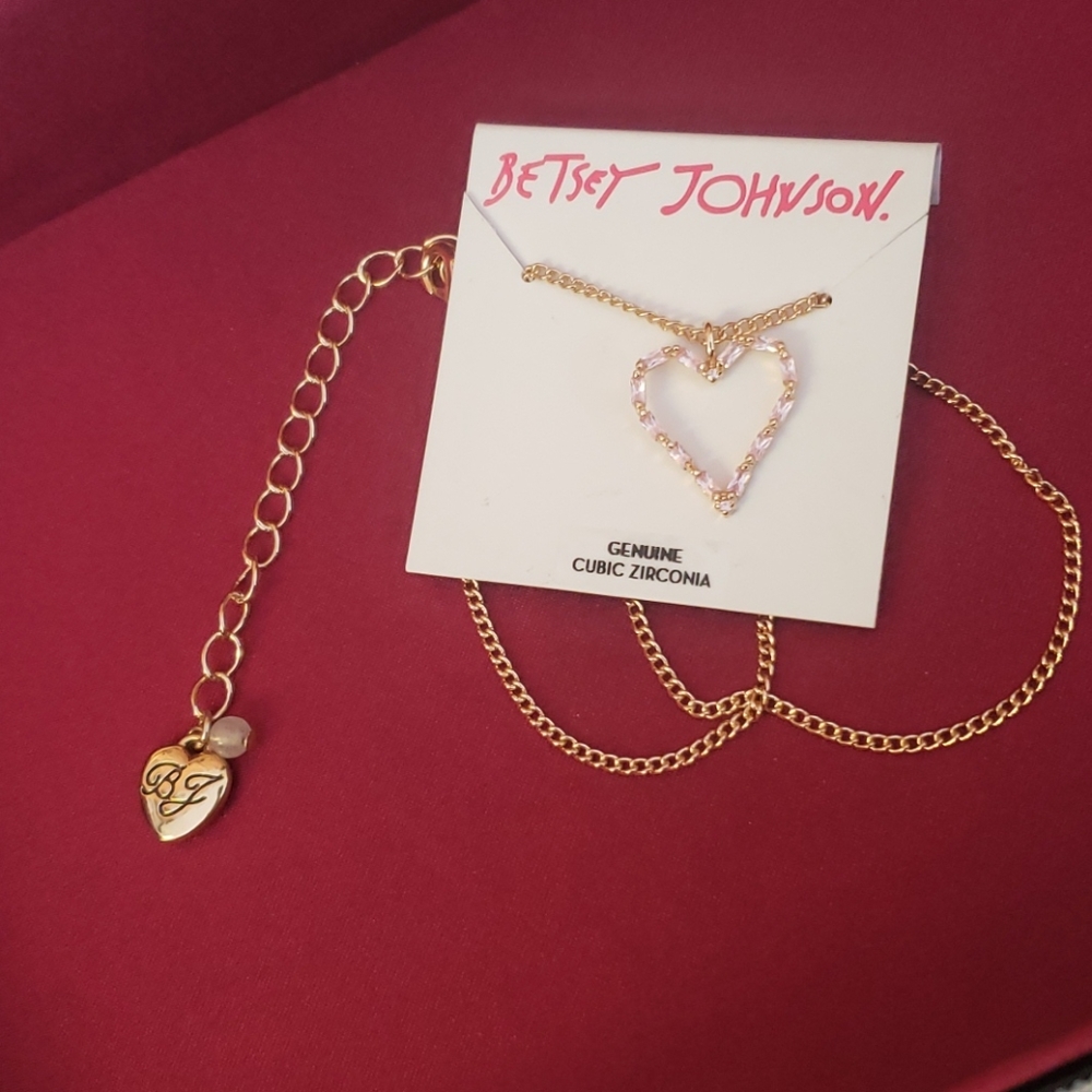 Betsey Johnson Pink Crystal Heart Gold Necklace